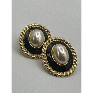 Vintage Gold-Tone & Black Oval Earrings With Faux Pearl Center